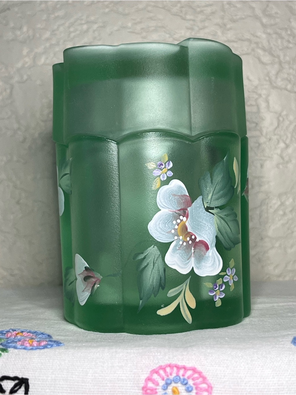 RARE Fenton Satin Green Hand Painted Covered Jar  Signed Artist Vanity Trinket